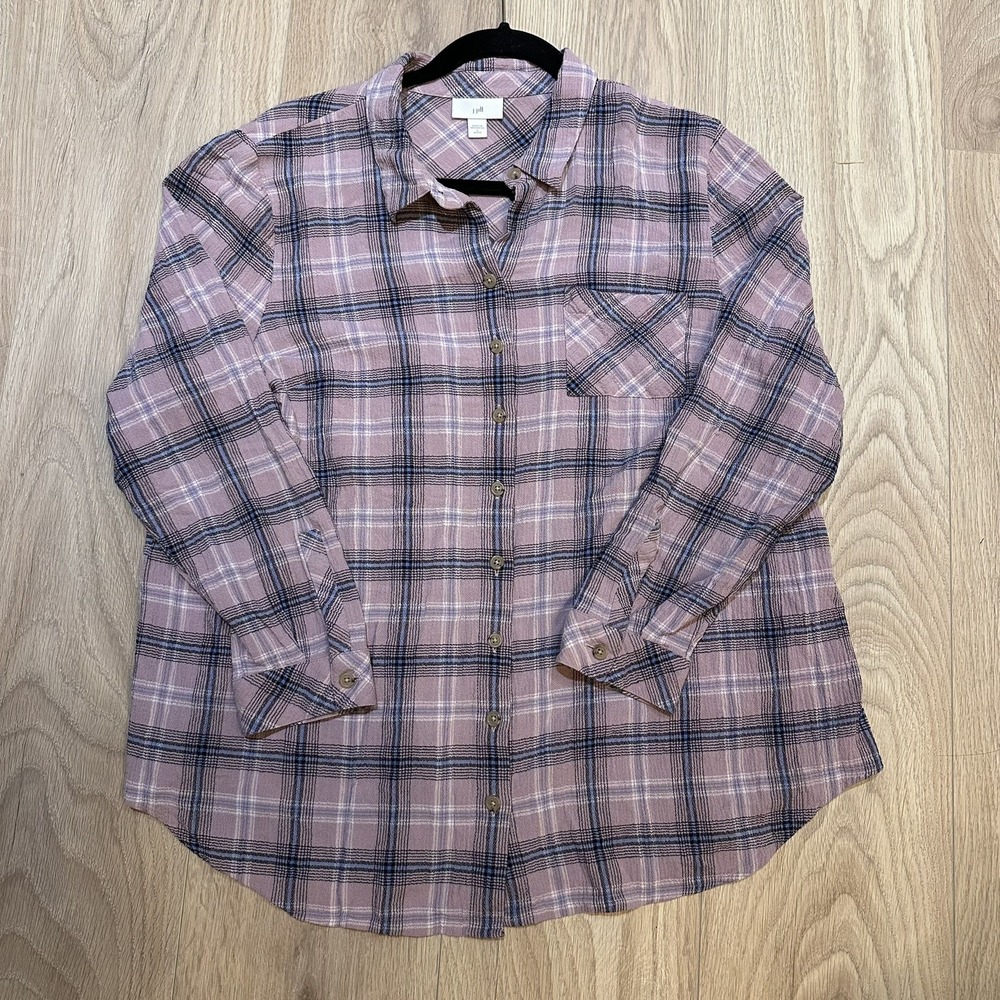 J Jill Long Sleeve Button Up‎ Shirt Size Large Petite Purple Plaid Gauzy Cotton